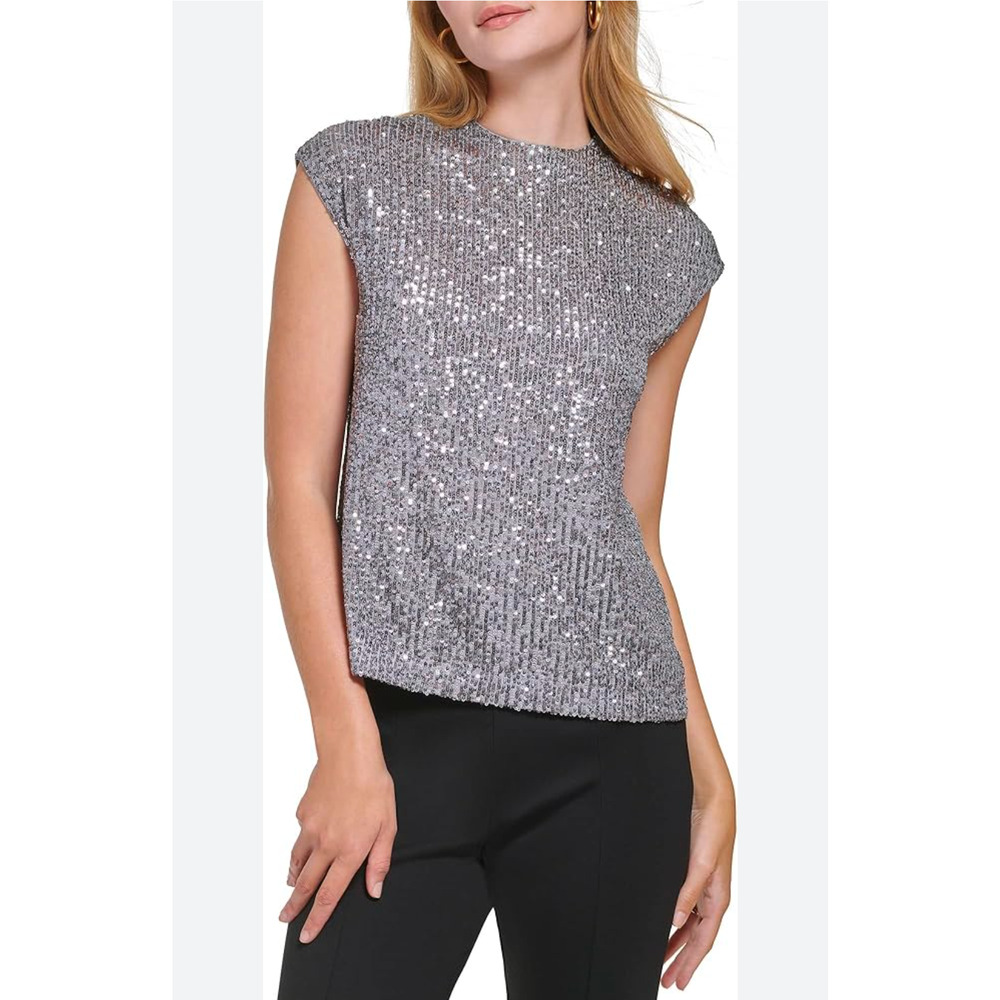 Calvin Klein Sequin Top Womens XL Gray Crew Neck Cap Sleeve Old Money Glam